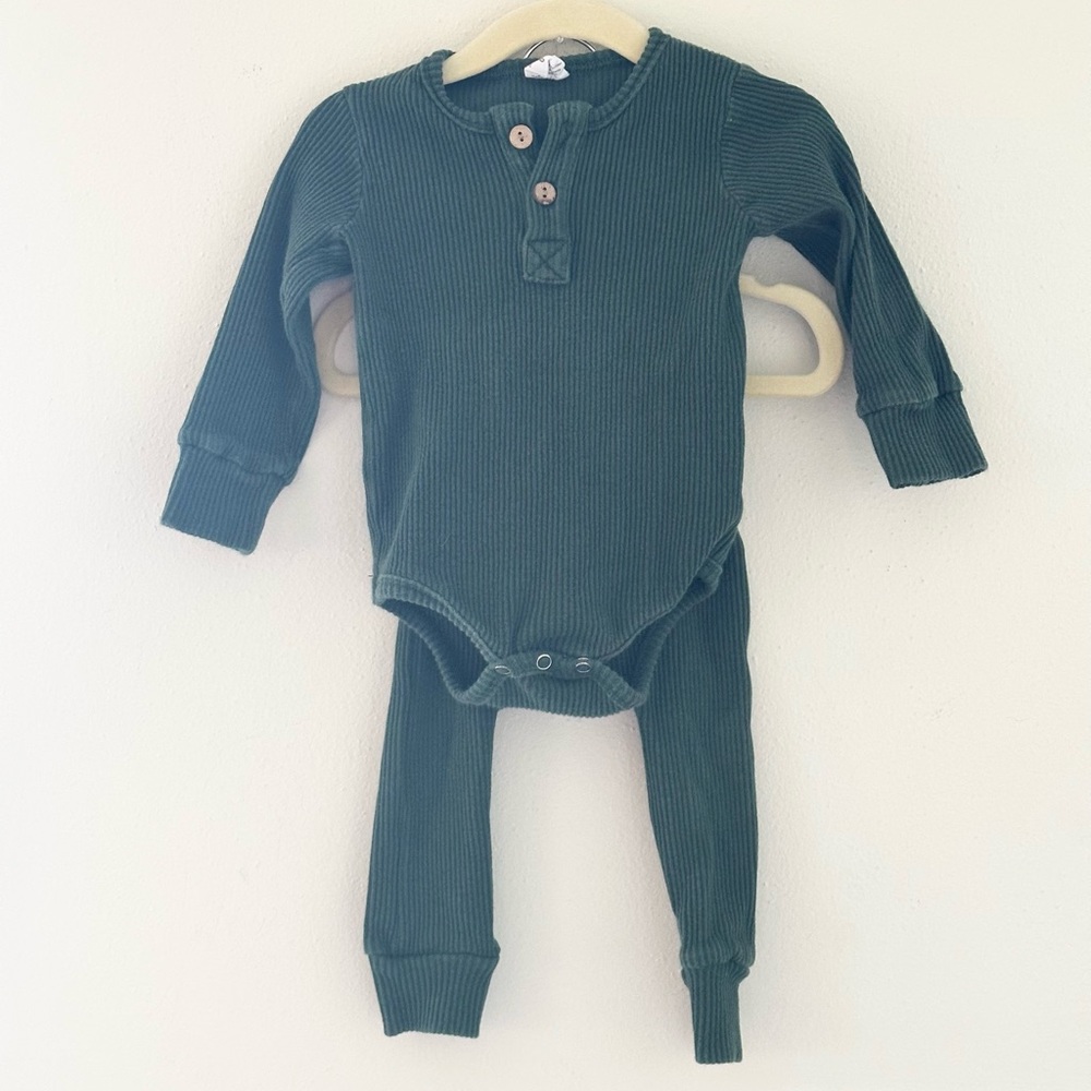 Green Ribbed Baby Onesie and Pants Set